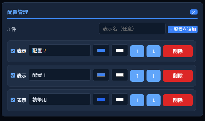 「＋」ボタンから開いた「配置管理」画面。既存の配置（配置2・配置1・執筆用）が一覧表示され、それぞれ表示チェックボックス・表示名・色・並び替え・削除が操作できる