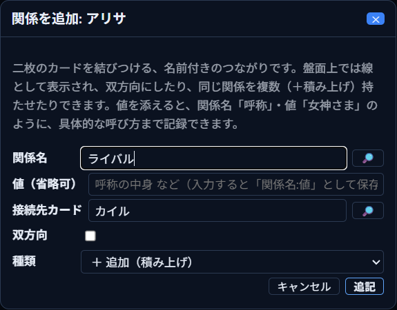 アリサとカイルが交差する空のマスをクリックすると「関係を追加: アリサ」ダイアログが開き、接続先カード欄に「カイル」が自動で入力されている。関係名欄に「ライバル」と入力した状態