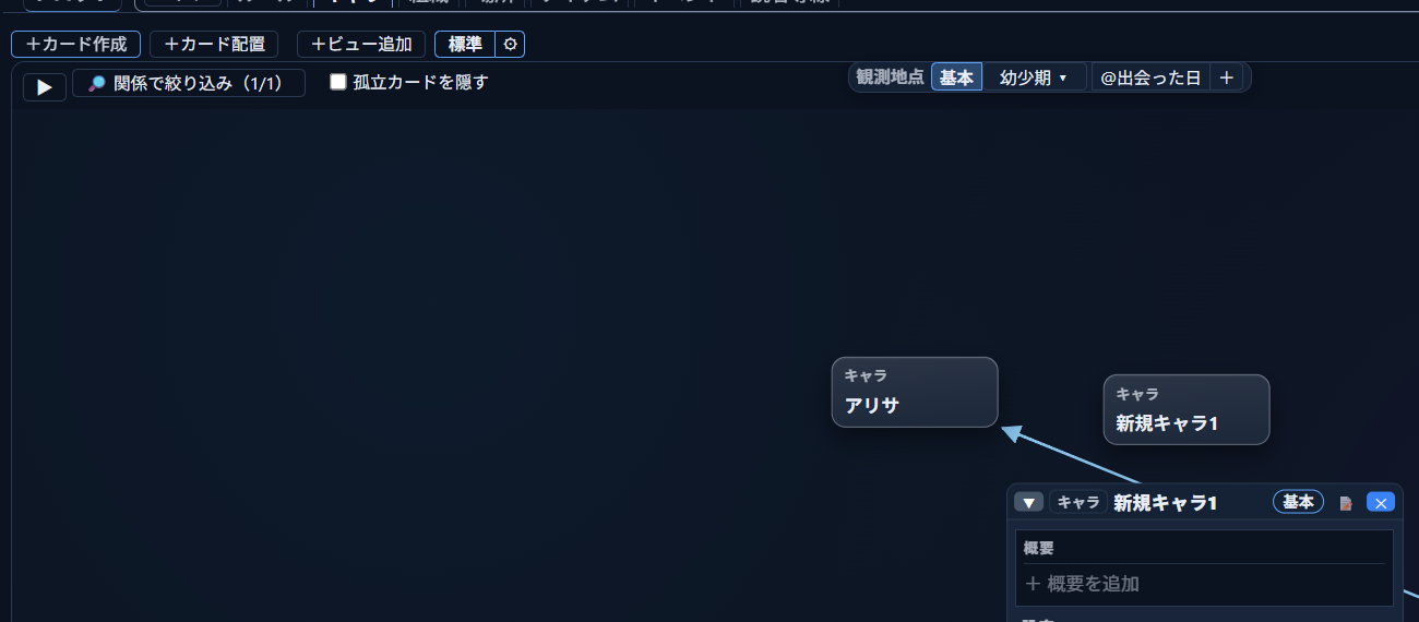 盤面に「新規キャラ1」というカードが追加され、隣に拡大表示された編集パネルが開いている。パネルには「概要」「設定」の入力欄がある