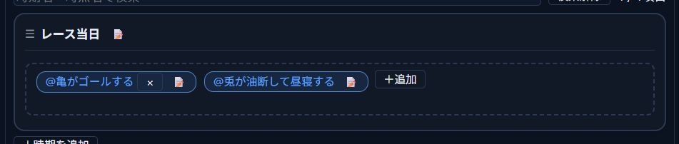 「レース当日」の中に「@亀がゴールする」「@兎が油断して昼寝する」の順で並んでいる状態（物語世界の順番としては逆）