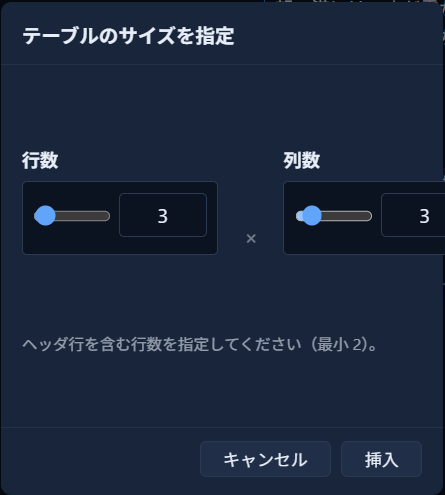 「テーブルのサイズを指定」ダイアログ。「行数」「列数」それぞれにスライダーと数値入力欄があり、両方とも3が指定されている。「ヘッダ行を含む行数を指定してください（最小2）。」という説明文、「キャンセル」「挿入」ボタン