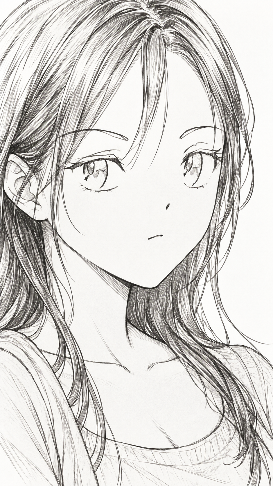 長い髪の若い女性のバストアップの線画。少し首をかしげた向きで描かれている。髪は細い線で流れ、首元と肩にニットの服が見える