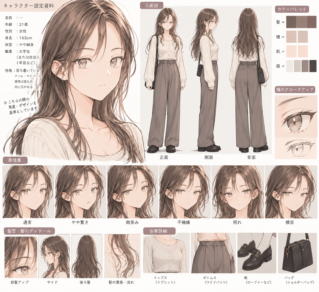 キャラクター設定資料。左に大きな顔のアップと名前・年齢・身長・体型・職業・性格の設定、中央上に正面・側面・背面の全身の三面図、右にカラーパレットと瞳のクローズアップ、下に表情集・髪型と髪のディテール・衣装の詳細（トップス・ボトムス・靴・バッグ）が並んでいる
