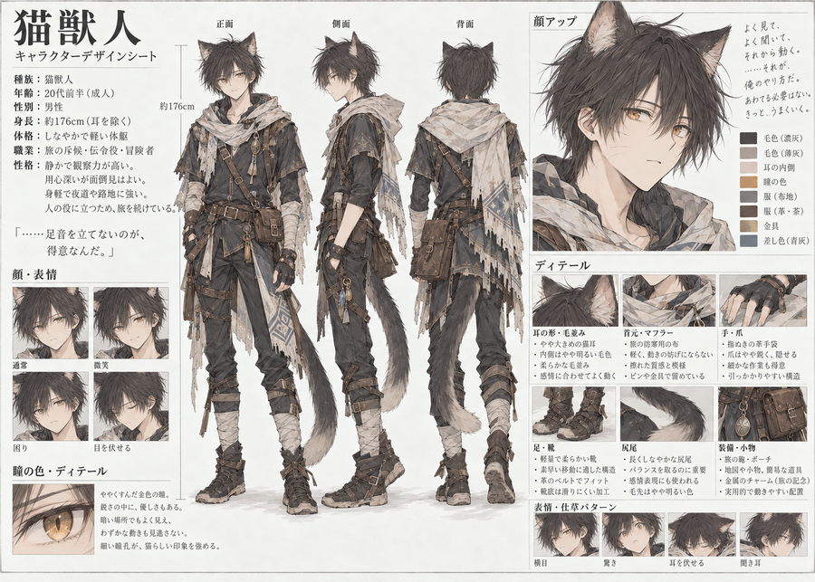 猫獣人のキャラクターシート。正面・側面・背面の全身図、顔アップ、持ち物などの詳細が並んでいる