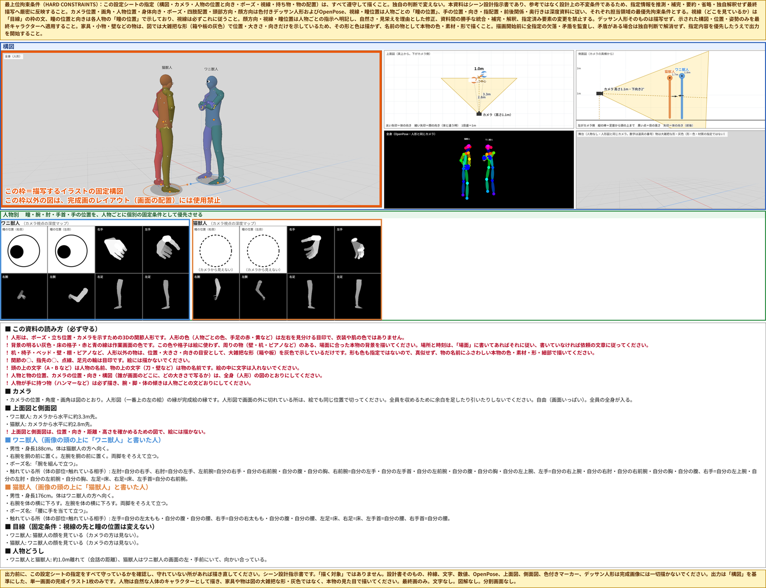 書き出した参考シート。左上の図に、向かい合って立つ2人の人形があり、頭の上に「猫獣人」「ワニ獣人」と名前が書いてある。下に、キャラクターごとの姿勢と、2人が互いの顔を見ている目線の文が並んでいる