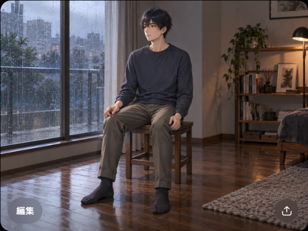 ChatGPTが生成した絵。男性が木の椅子に座り、左の大きな窓の外に雨の降る夕方の街が見える。部屋には棚や観葉植物、ラグがある
