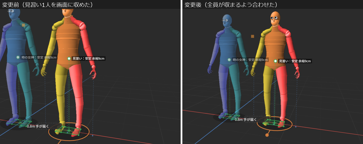 「変更前」は、見習いと時の女神が、画面の左寄りに見えている。「変更後（全員が収まるよう合わせた）」は、視点が動いて、2人が画面の中央に並んで見えている