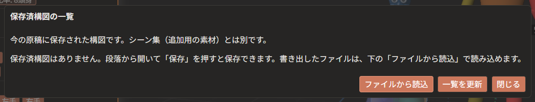 「保存済構図の一覧」の窓。「今の原稿に保存された構図です。シーン集（追加用の素材）とは別です。」と出ている。保存した構図が無いので、「保存済構図はありません。」と出ていて、下に「ファイルから読込」「一覧を更新」「閉じる」のボタンがある