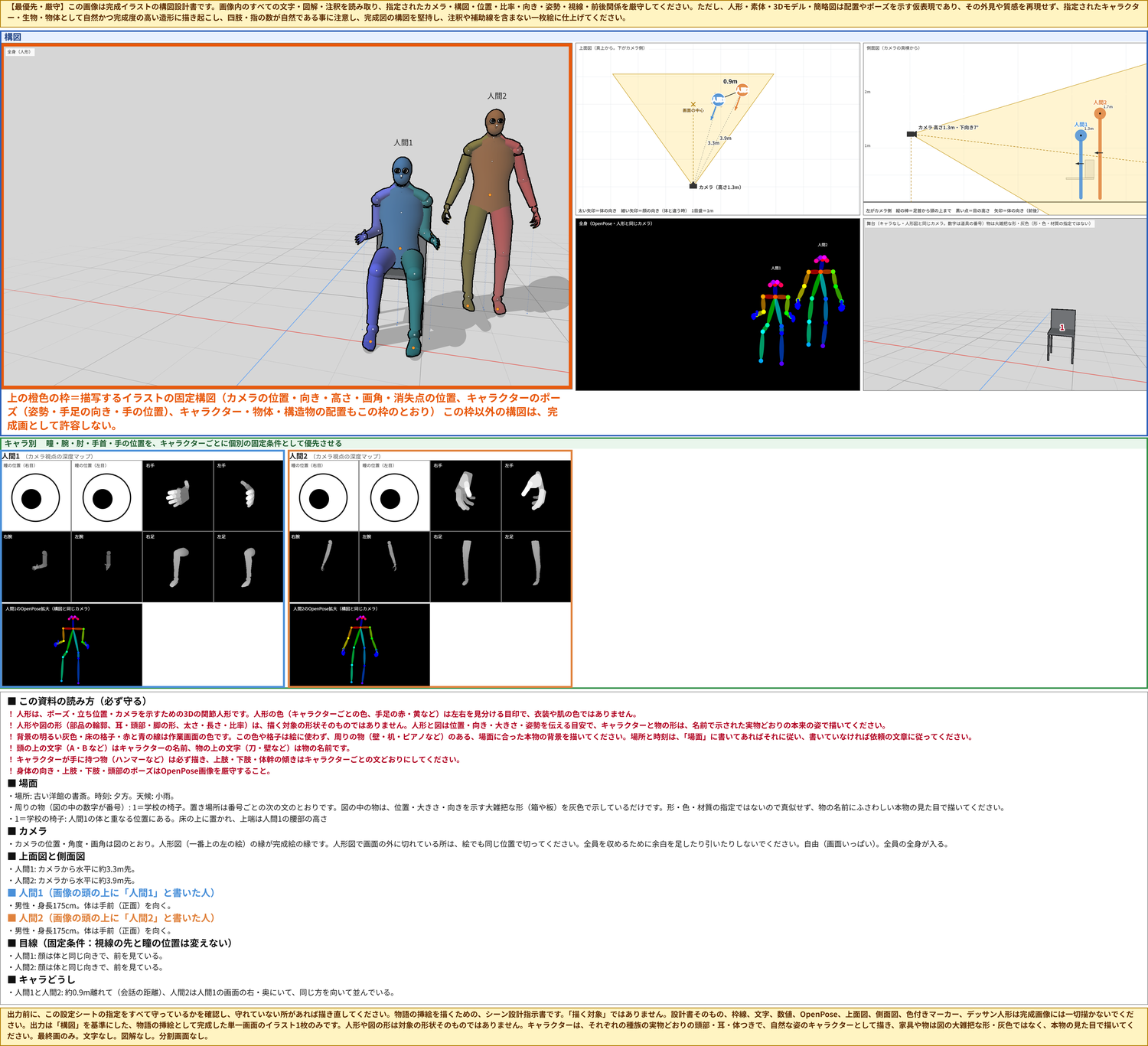 参考シートの全体。上に注意書きの帯があり、真ん中に全身の絵と上面図・側面図・OpenPose・舞台図が並んでいる。その下に、キャラクターごとの目・手・腕・足の絵と、文字の説明が続く