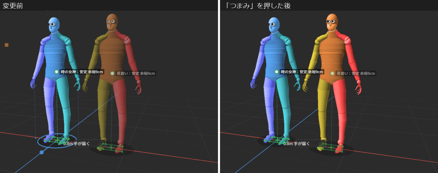 「変更前」は、キャラクターの足元に、輪と点線と小さな丸が出ている。「「つまみ」を押した後」は、それらが消えて、人形だけが見えている