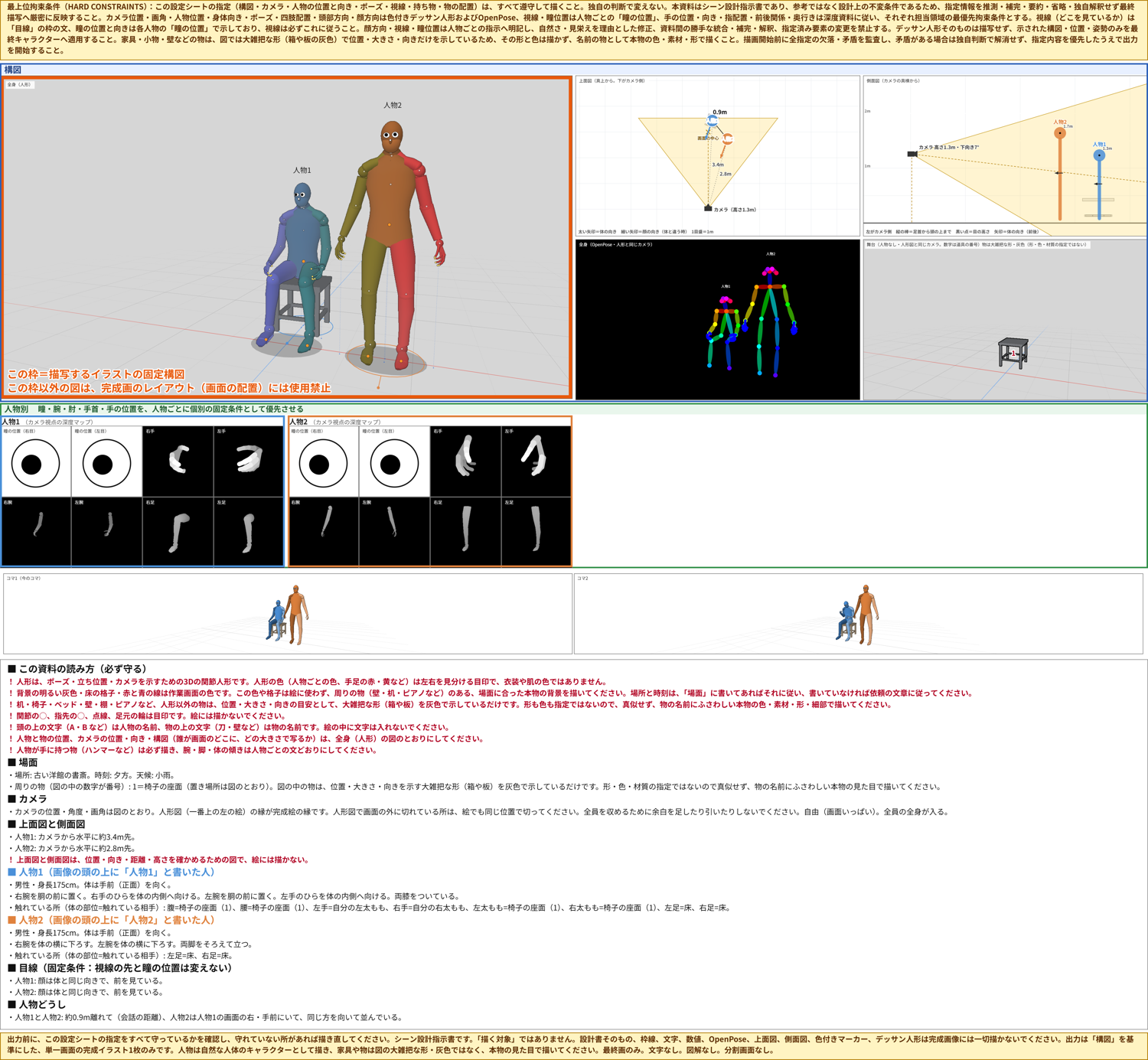参考シートの全体。上に注意書きの帯があり、真ん中に全身の絵と上面図・側面図・OpenPose・舞台図が並んでいる。その下に、キャラクターごとの目・手・腕・足の絵と、文字の説明が続く。一番下に確認の文の帯がある