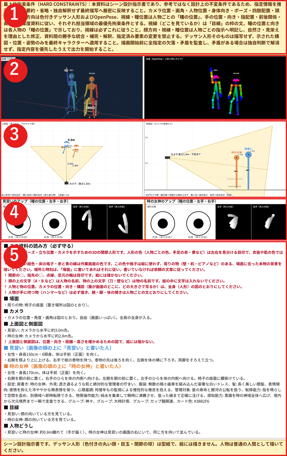 書き出された参考シート全体。上から順に5つの部分が、番号つきの赤枠で囲んである
