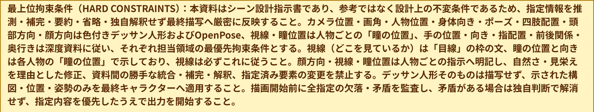 参考シートの一番上の帯。「最上位拘束条件（HARD CONSTRAINTS）」で始まる文が、黄色の帯の中に書いてある