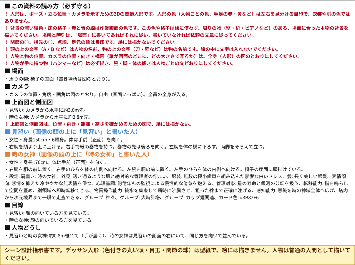 参考シートの文字の説明の部分。「この資料の読み方（必ず守る）」「場面」「カメラ」「上面図と側面図」「見習い」「時の女神」「目線」「キャラどうし」の見出しと、それぞれの文が並んでいる