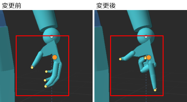 「変更前」と「変更後」の、人間1の左手へ寄せた画面。手の部分が赤枠で囲んである。変更前は指が軽く曲がって下へ垂れており、変更後は人差し指を一本伸ばした指さしの形に変わっている