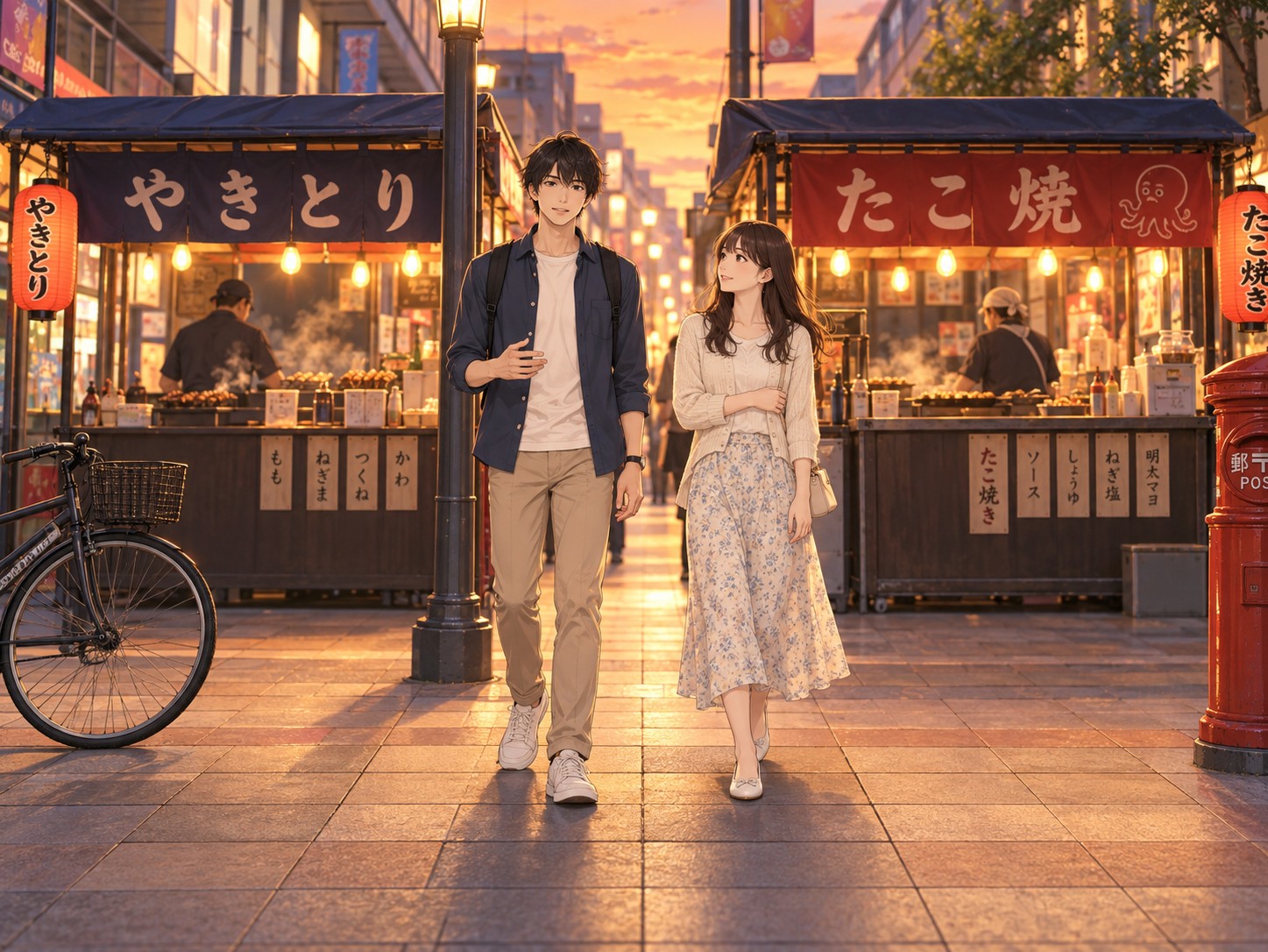 ChatGPTが描いた一枚絵。夕暮れの商店街で、やきとりとたこ焼の屋台のあいだを、男女が並んで歩いている。左に自転車、右に赤い郵便ポストがある