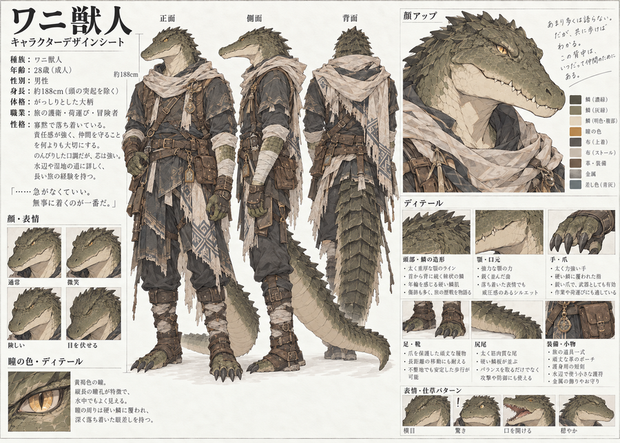 ワニ獣人のキャラクターシート。正面・側面・背面の全身図、顔アップ、持ち物などの詳細が並んでいる