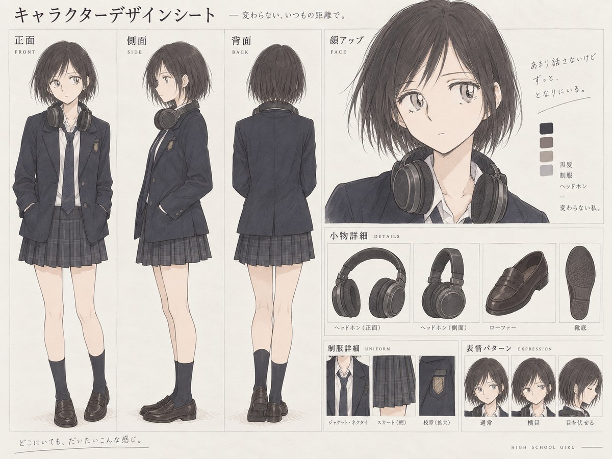 少女のキャラクターシート。制服姿の正面・側面・背面の全身図、顔のアップ、ヘッドホンなどの持ち物が並んでいる