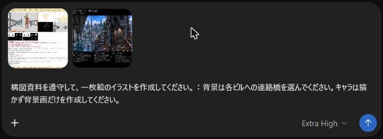 ChatGPTの入力欄に、参考シートの画像とイメージボードの2つが添付され、背景を選んで背景画だけを作る指示文が入力されている。入力欄の右下に「Extra High」と出ている