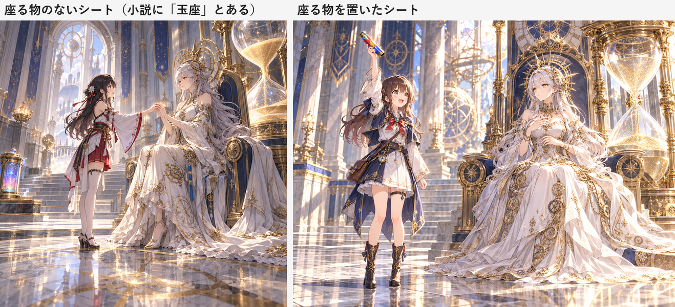 左は座る物のないシートと本文で生成した絵（見習いと時の女神が手を触れ合い、時の女神が玉座に座っている）。右は座る物を置いたシートと本文で生成した絵（見習いが筒を掲げ、時の女神が玉座に座っている）