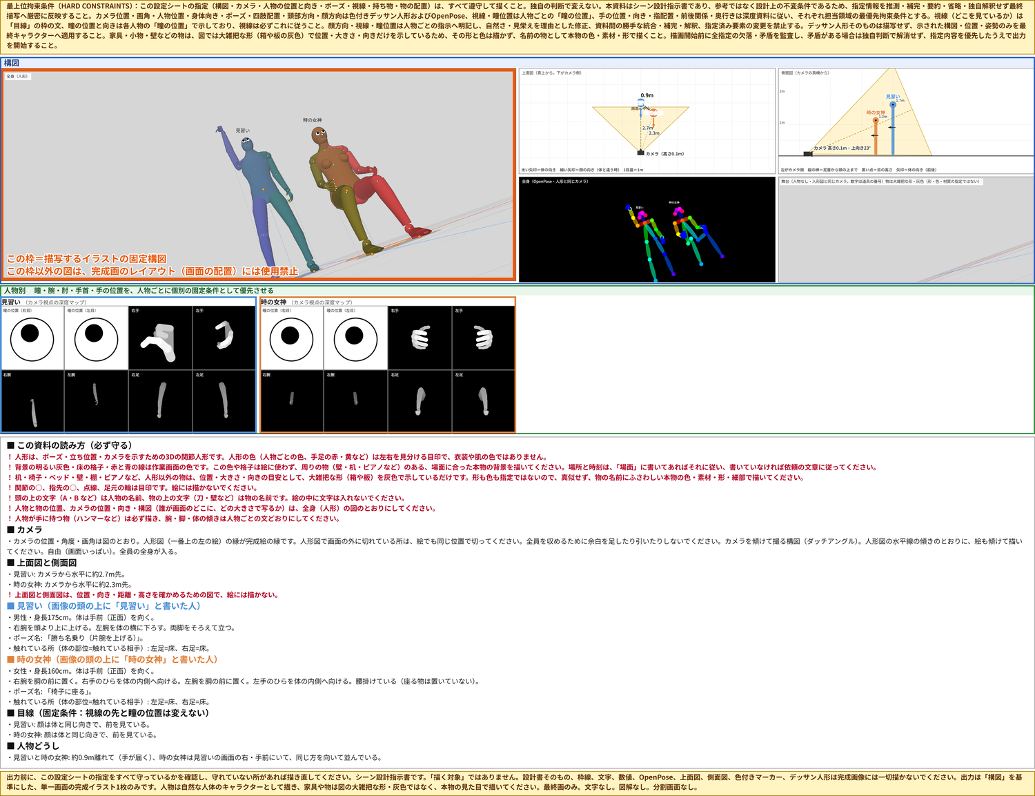 書き出した参考シート。上に、カメラを傾けた構図の人形とOpenPoseの全身図、上面図と側面図、キャラクターごとの瞳の位置と両手のアップ、下に文字の説明が並んでいる